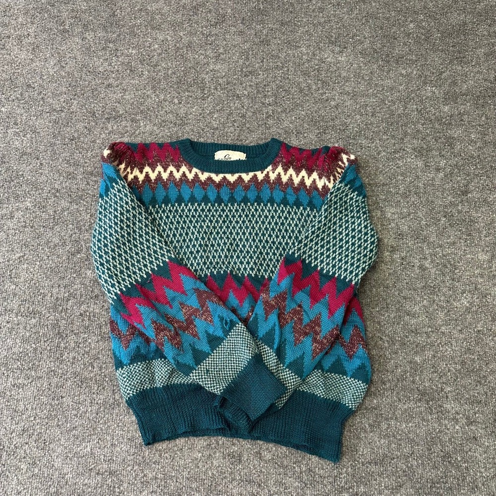 Saint Lori Sweater Womens Size M Teal Chevron Metallic Knit Vintage Crew Neck